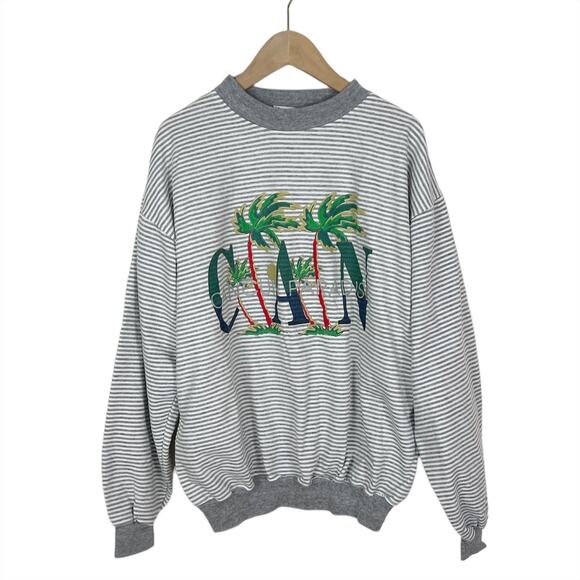 Vintage 90s Cancun Paradise Sweatshirt 100% Cotton in Gray Stripe Size Medium - Picture 1 of 5
